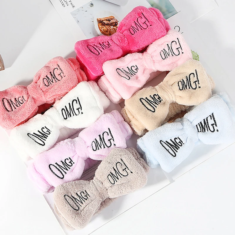 Ободок женский для волос с бантиком резинка из кораллового флиса принтом OMG