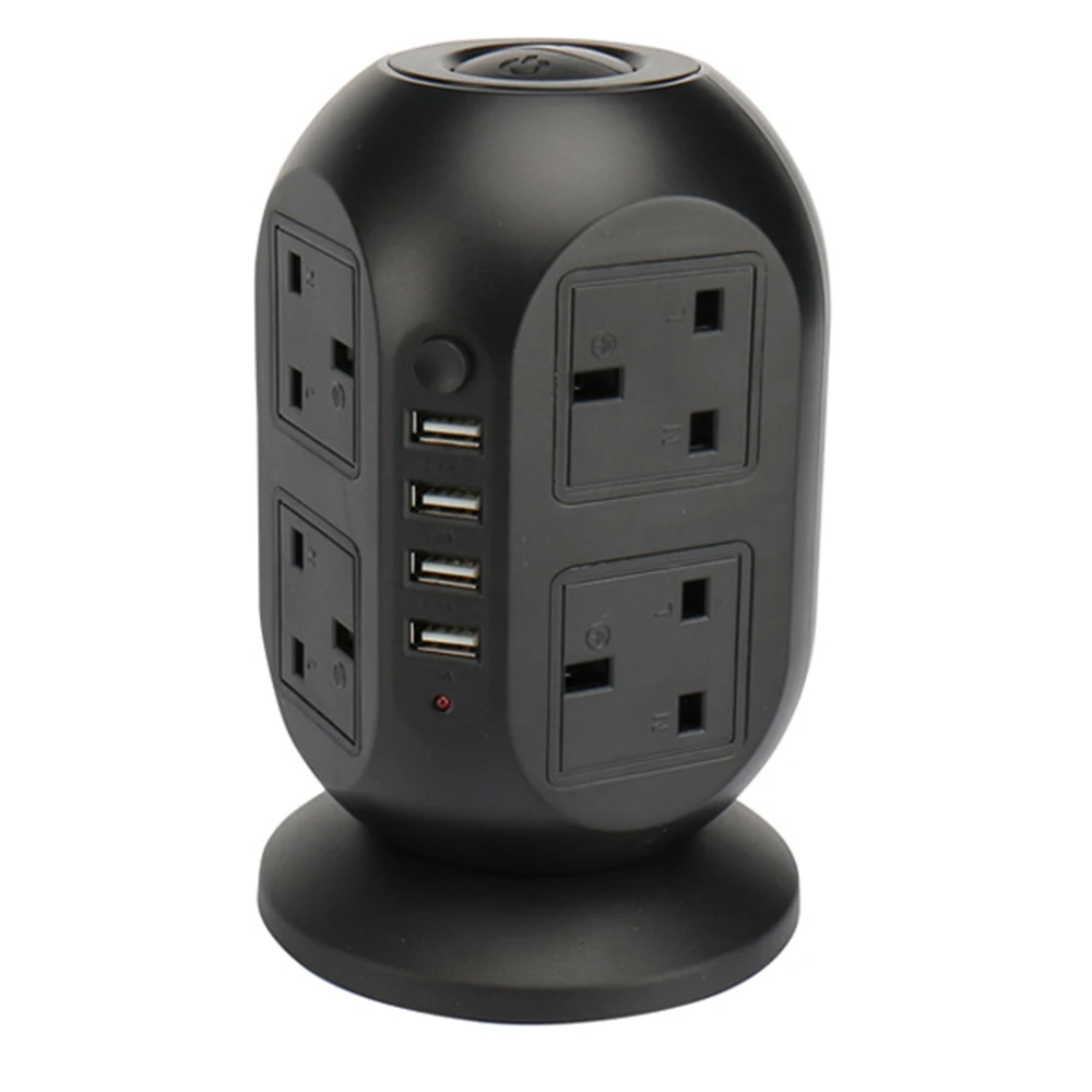 Black 3m Cord Tower power Strip Вертикальный адаптер питания штепсельная вилка Великобритании 8 электрических розеток переменного тока с USB стабилизатором напряжения 2 м/3 м удлинитель - Цвет: Black 3m Cord