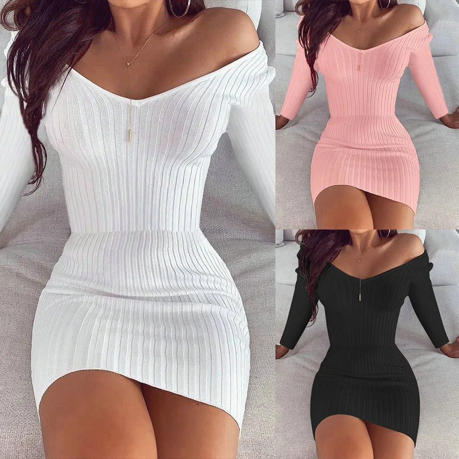 

Women'S Fashion Sexy Temperament V-Neck Solid Color Slim Long Sleeve Dress