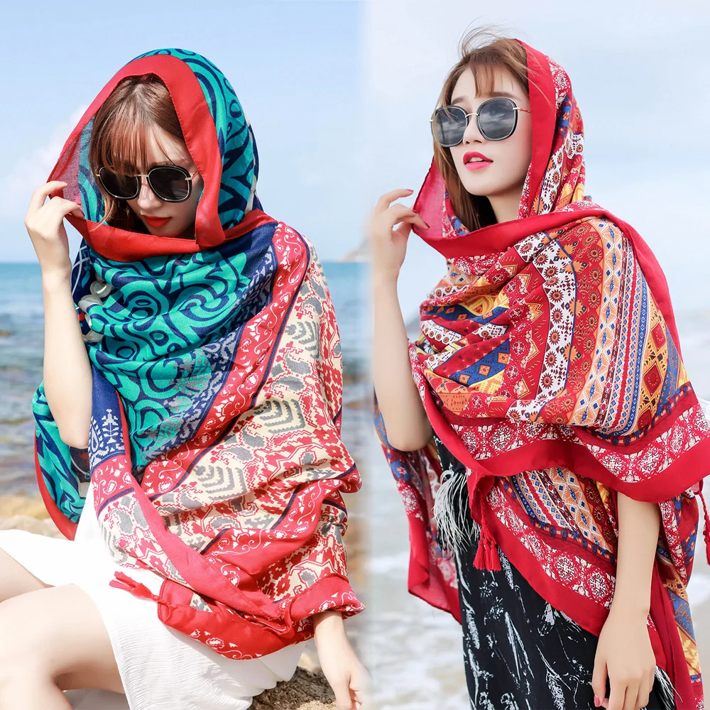 

2021 Cotton and Linen Ethnic Wind Tourism Silk Scarf Sunscreen Scarf Big Shawl Female Sea Beach Towel Printing Cloth Cover Up