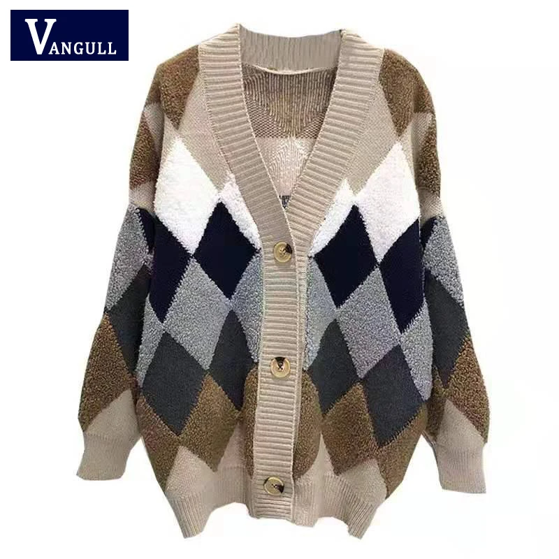 Vangull в клетку кардиган Свитер В стиле пэчворк Открытые длинный вязаный женский