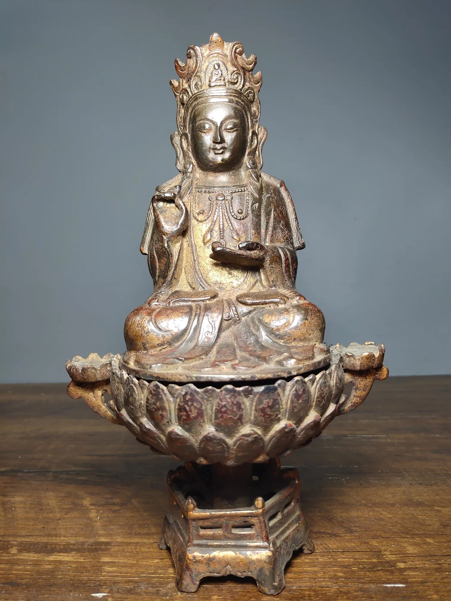 

9"Tibetan Temple Collection Old Bronze Lacquer Cinnabars Two-body Tara Buddha Guanyin Bodhisattva Sitting lotus Amitabha