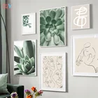 Настенная картина с изображением листьев суккулентов, абстрактные линии, с изображением девушки и лица, настенная живопись на холсте, постеры и принты в скандинавском стиле, украшение для дома