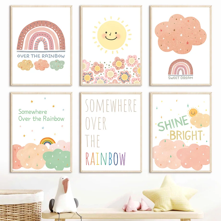 

Cute Sun Flower Rainbow Cloud Nursery Wall Art Canvas Painting Nordic Posters And Prints Wall Pictures For Baby Kids Room Decor