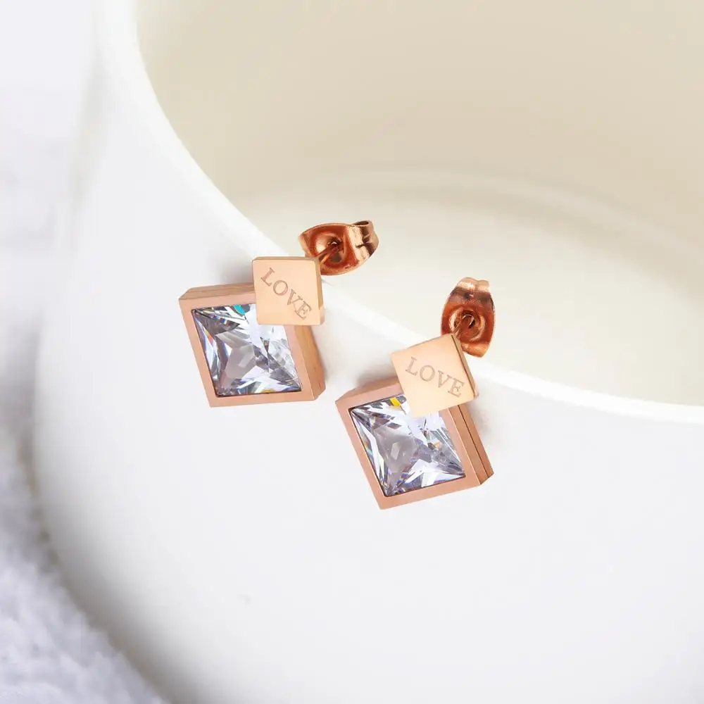 

2020 New Trendy Small Rose Gold Geometry Zircon Stud Earrings for women Minimalist Stainless steel Earring Aesthetic Accessories