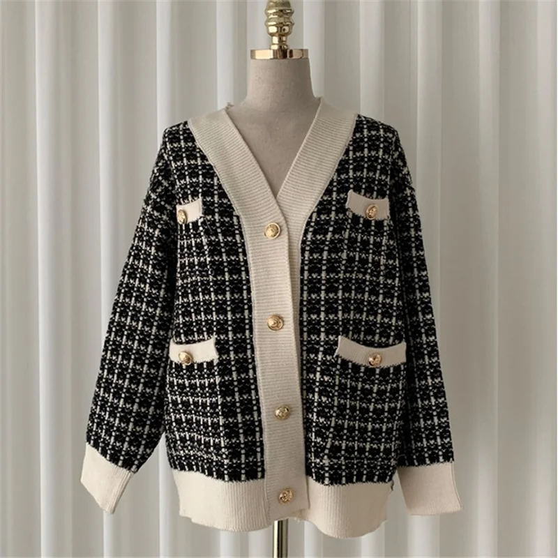

Lazy Plaid Cardigan for Women Casual Loose Autumn Clothing Single Breasted Knitted Woolen Coats Black White Sweater F795