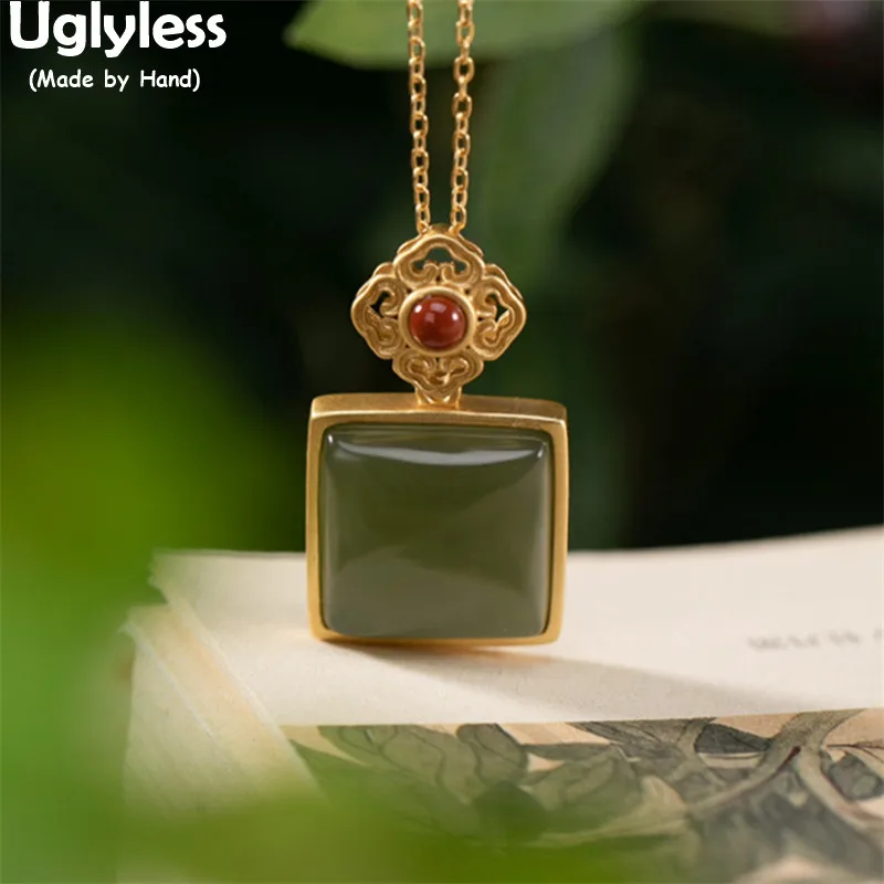 

Uglyless Square Gemstones Necklaces for Women Natural Jade Agate Pendants + Chain Ethnic Retro Hollow Rhombus Jewelry 925 Silver