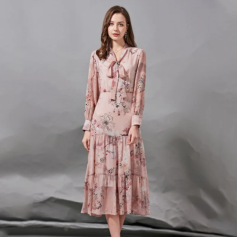 

Women Silk Dress 23mm 100% Real Silk Crepe Bow Collar Long Dresses For Women Heavy Silk 2021 Spring New Office Lady Dress