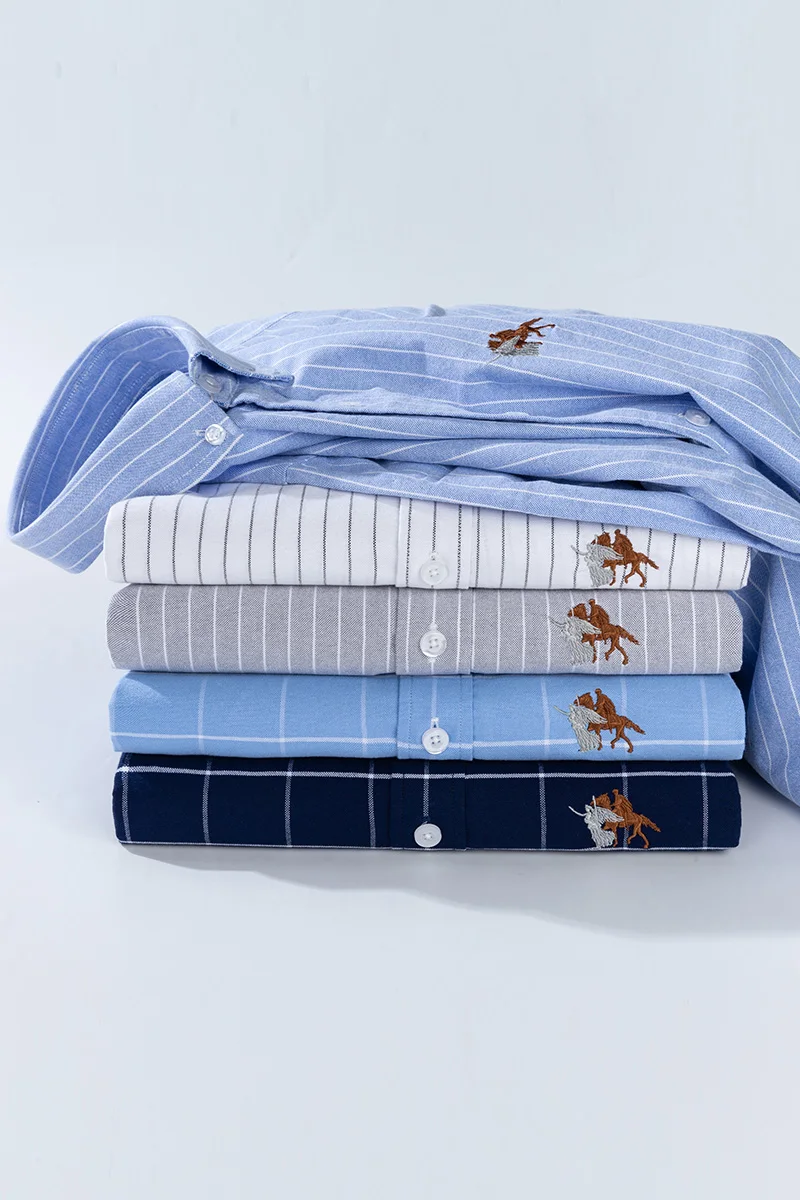 

100% Cotton Oxford Shirt For Mens Long Sleeve Plaid Striped Casual Shirts Male Pocket Regular Fit Button Down Work Man Shirt