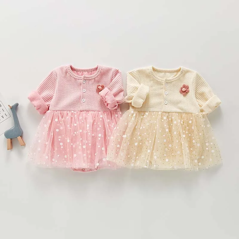 

Baby Autumn Winter Clothing Infant Kids Baby Girl Ribbed Knit Dress Long Sleeve Knitted Dresses Mesh Princess Party Gown