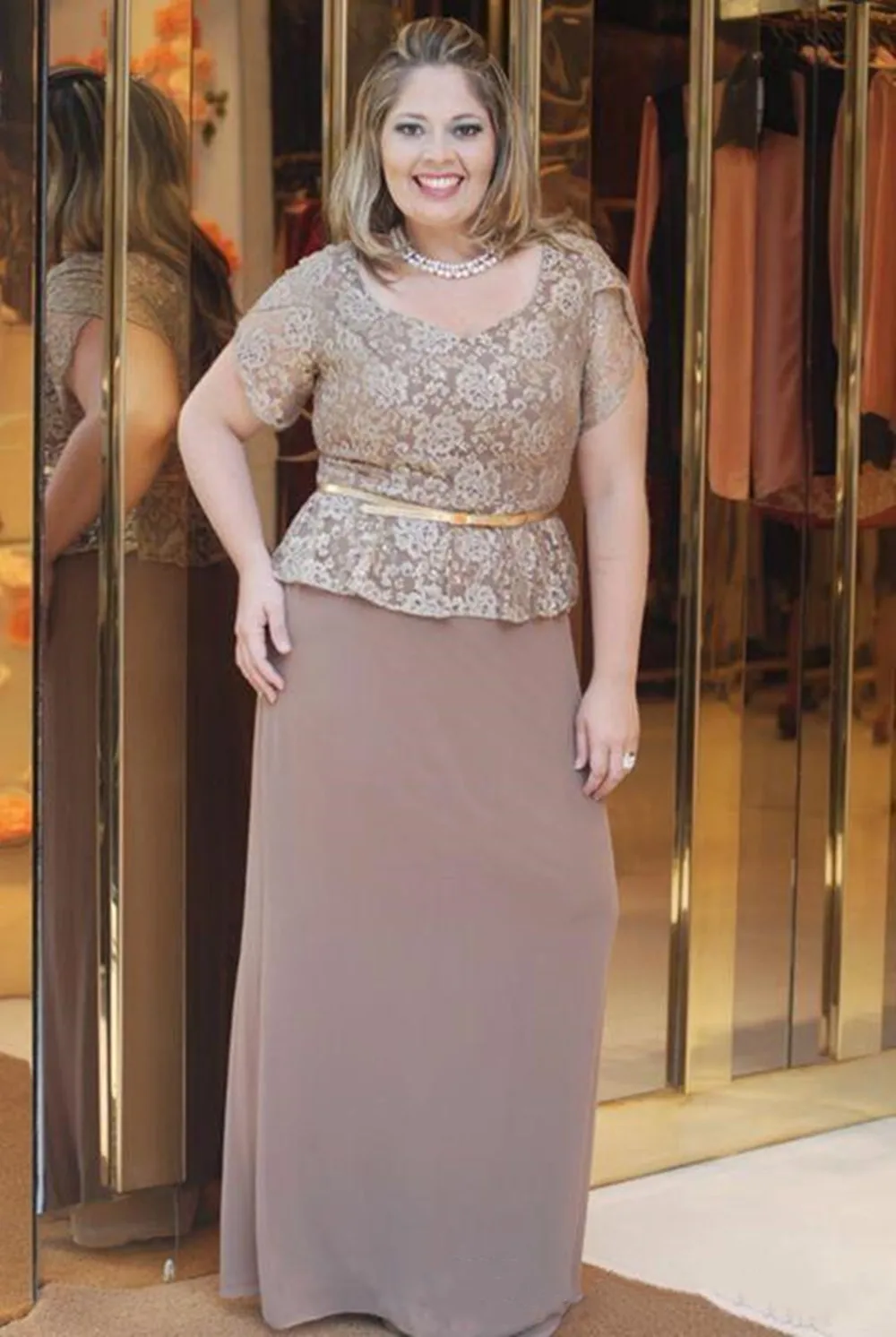 

Chiffon Mother Of The Bride Dresses Lace Evening Dresses Short Sleeves Gold Sash Weddings vestido de festa Plus size Customize