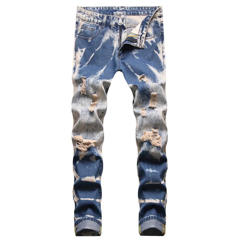Biker Jeans Men Dark Blue Stretch Slim Fit Ripped Distressed Streetwear Denim Pants Casual Retro Man Trousers Hiphop Jean Homme | Мужская