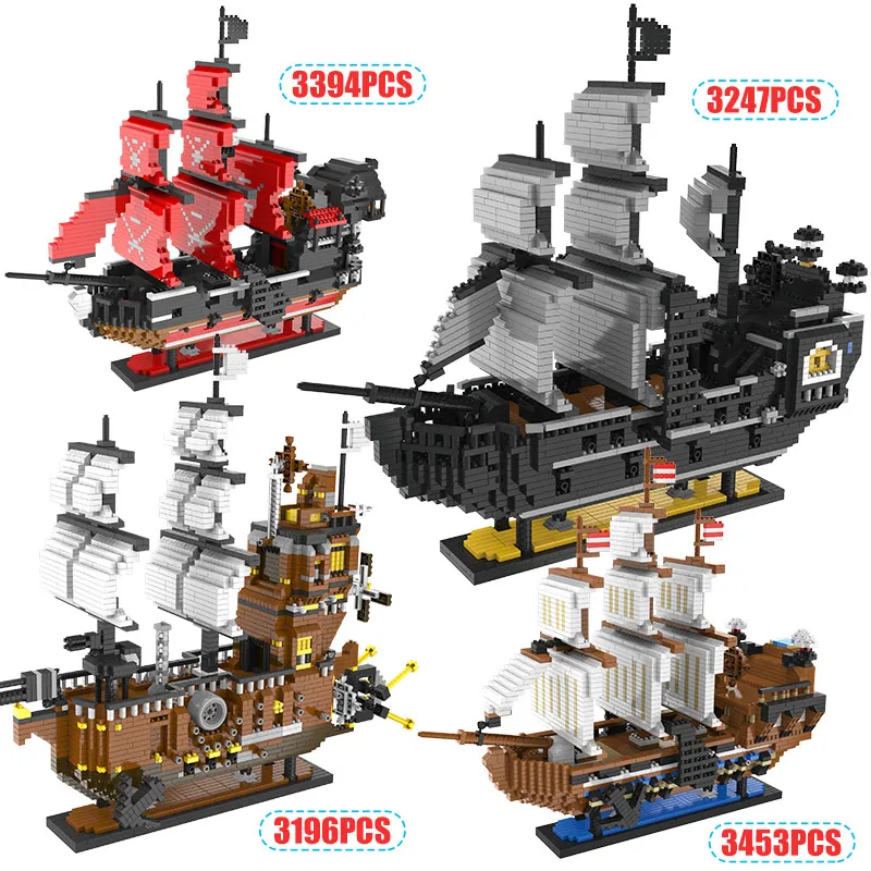 

3D Model Caribbean Pirate Mini Blocks Set Sailing Black Pearl Ship Boat Queen Annes Building Diamond Blocks Toys For Children