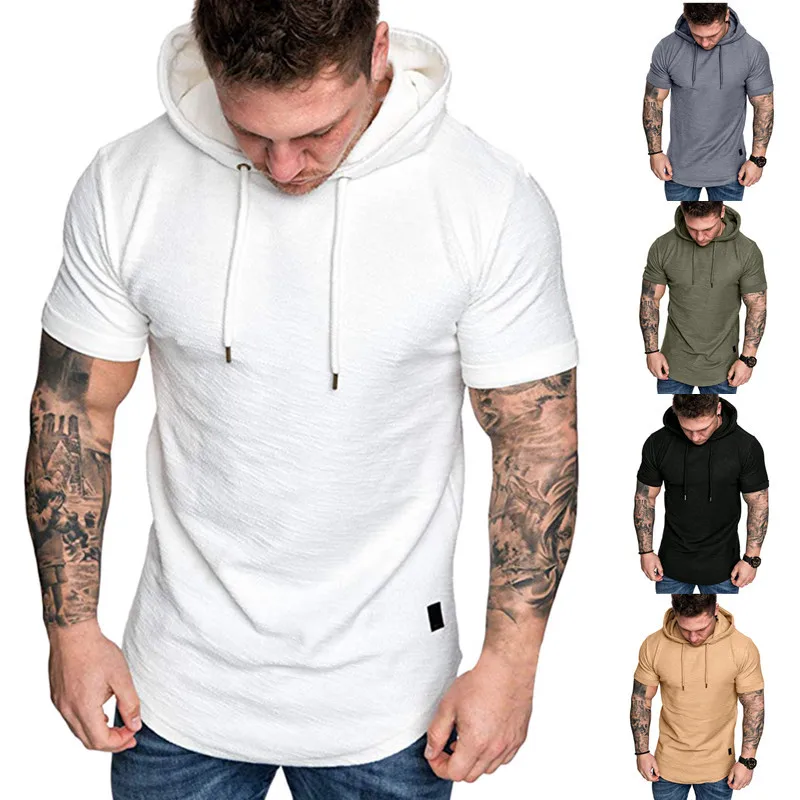 

2021 spring and summer new European code men's solid color slub cotton hooded T-shirt casual sports style short-sleeved T-shirt