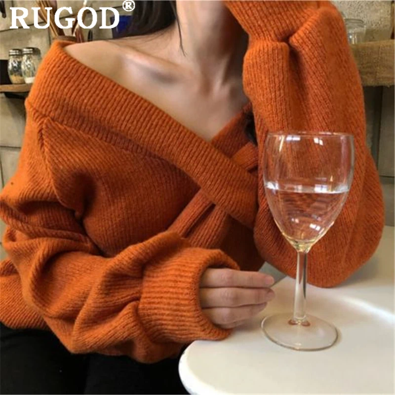 RUGOD Elegant solid cross knitted sweater women Sexy off shoulder lantern sleeve pullover sweaters female korean auturm | Женская одежда