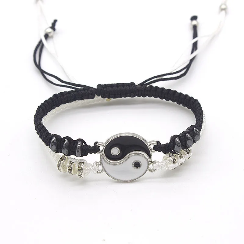 

Couple Bracelets Hematite Leather Cord Braid Chain Bracelet Chinese Tai Chi Alloy Pendant Two-piece Woven Lover Bracelet Gift