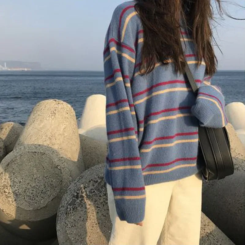 Fashion Stripe Women Sweaters Autumn Winter O Neck Pull Femme Pullovers Female Long Sleeve Loose Casual Knitted Sweater | Женская одежда