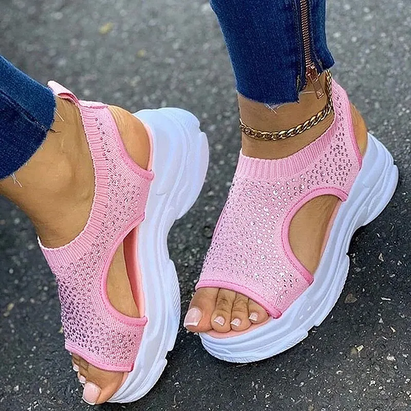 

Women Sandals 2021 Woman Slippers High Hells Shoes Fashion Rhinestone Hollow Sandals Thick Bottom Breathable Outdoor Slippes