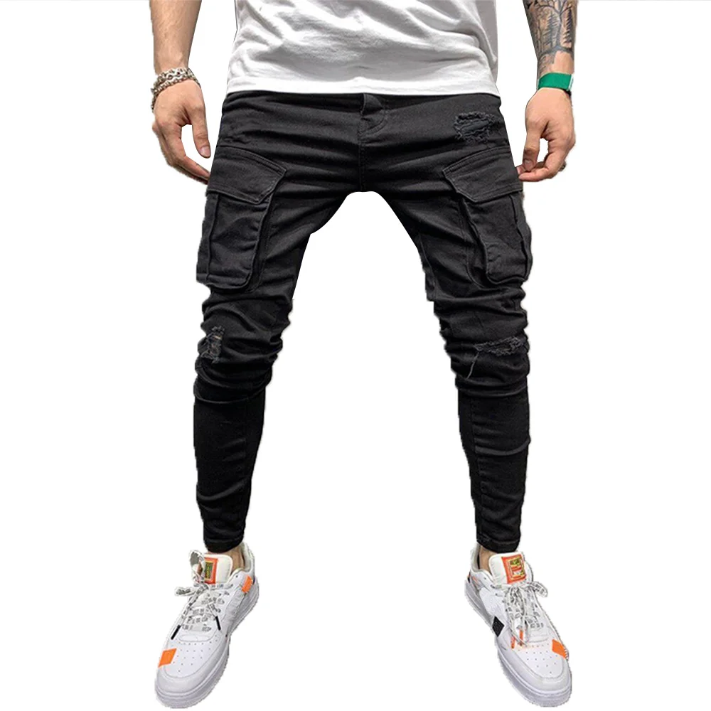 Джинсы карго мужские с карманами узкие пикантные брюки дырками из денима