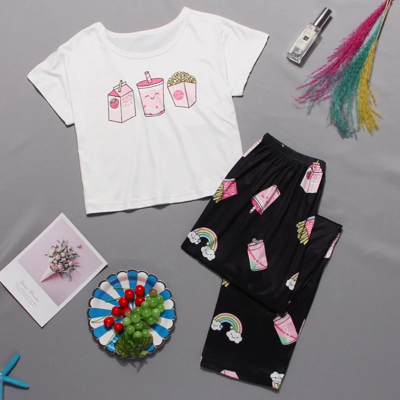 

Women's Pajamas Set Sleepwear Short Sleeve & Trousers 2PCS Set Nuisette Nightwear Cartoon Pyjamas pjs Suit Pajamas for Women