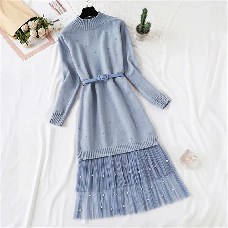 Модный женский трикотажный комплект с платьем осенне-зимний тонкий милый