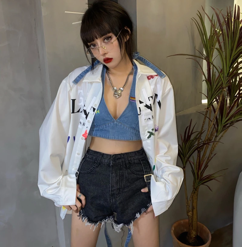 Женская свободная рубашка с длинным рукавом, Классическая брендовая рубашка с длинными рукавами и граффити-надписью, с ручной росписью, Осе...