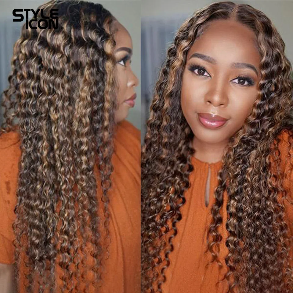 

Deep Wave Highlight Wig 180 Density T Part Wig Remy Deep Curly Lace Front Wigs 13x1 Brazilian Ombre Brown Wigs