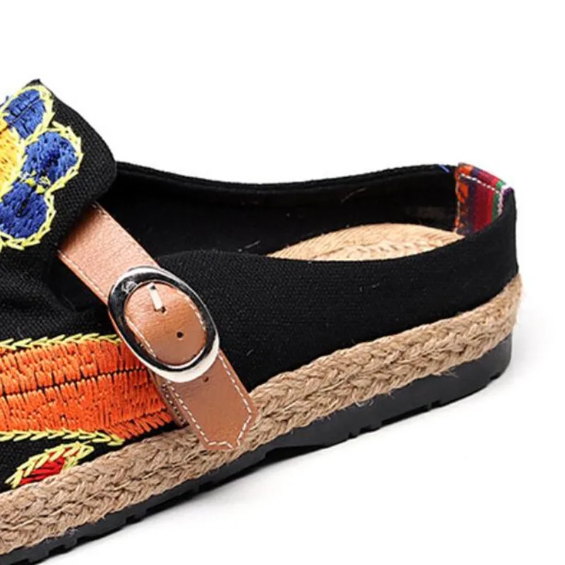 

Summer Women Ethnic Slippers Ladies Breathable Linen Hemp Mules with Buckle Flat Heeled Casual Sandals for Female Beach Shoes
