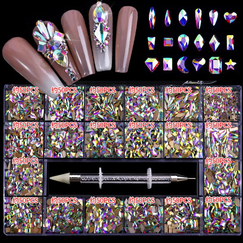 

21 Box Set Nail Art Rhinestone Large Set Multi Shape Crystal Sapphire Glass Nail Decoration shaped DIY nail drill jewelry