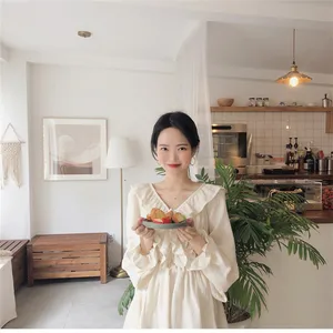 Блузка женская свободного покроя, повседневный однотонный топ с v-образным вырезом и оборками, с длинным рукавом, для девушек, на весну-лето