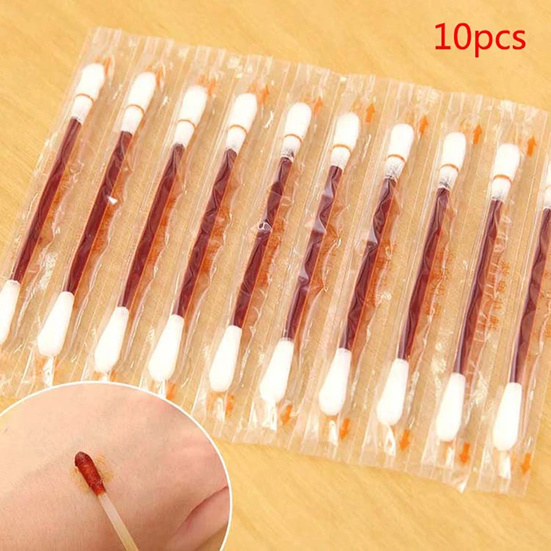 

10 Pcs Disposable Medical Iodine Cotton Stick Swab Home Disinfection Emergency Double Head Wood Buds Tips Nose Ears Cleaning