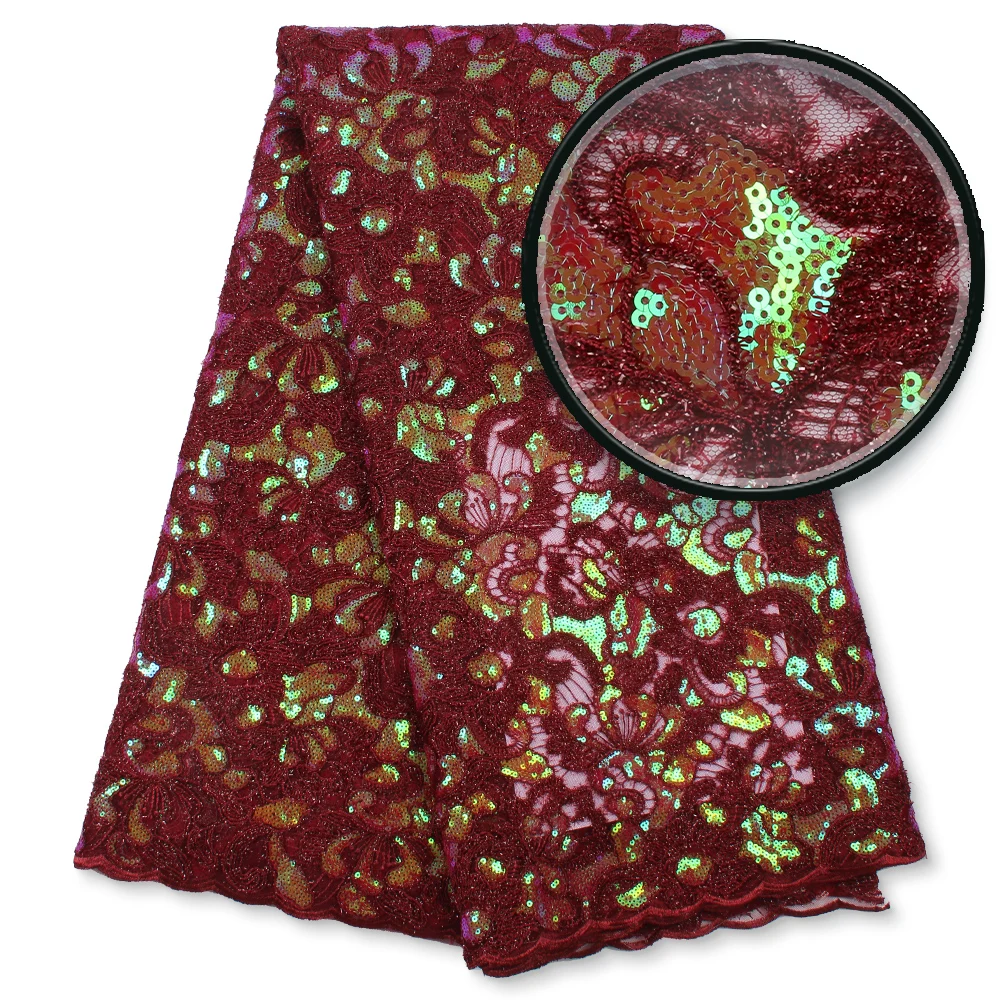 

African Lace Fabric 5 Yards 2021 High Quality Wine Sequins Embroidery Nigerian Wedding Asoebi Dress Sewing Lace Material 4323B