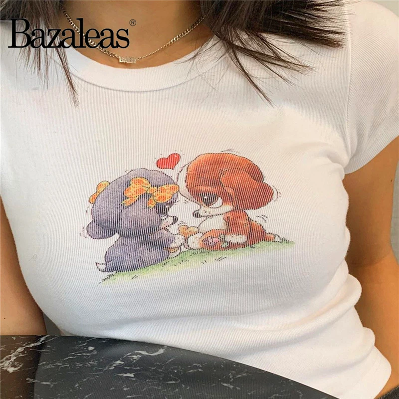 Bazaleas harajuku белая укороченная Футболка с принтом две собаки женская сексуальная