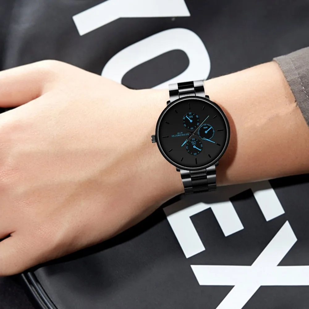 Новые модные мужские часы повседневные деловые черный ремешок из нержавеющей
