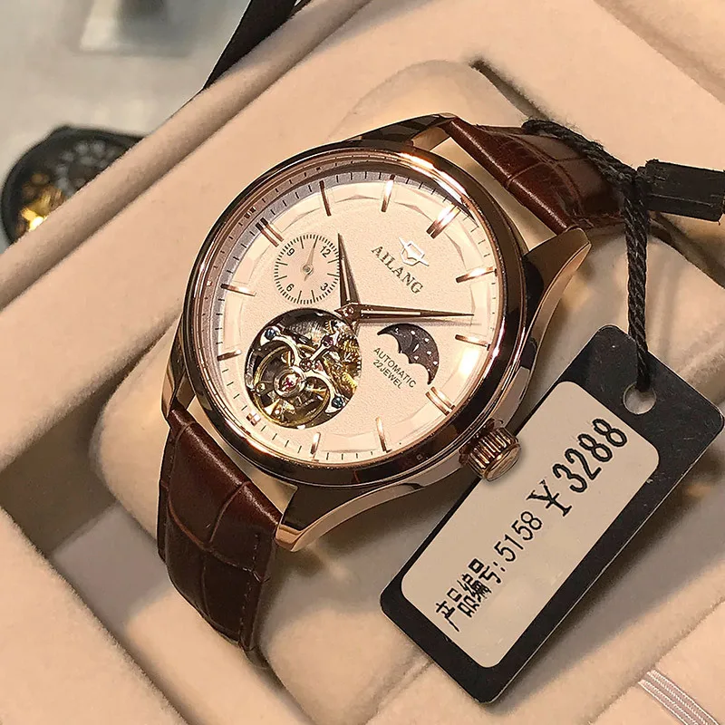 AILANG New Men Moon Phase Display Perspective Hollow Fully Automatic Mechanical Watch Wrist Pointer Tourbillon Waterproof 8607C