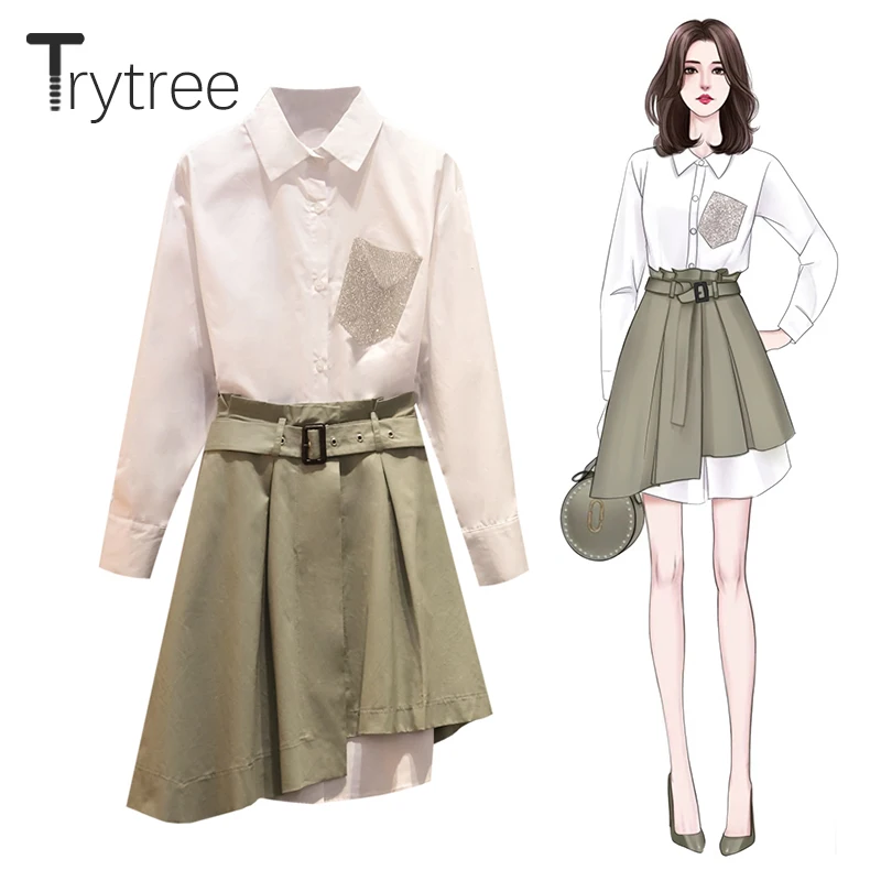 

Осенне-зимний комплект из двух предметов Trytree, повседневный однобортный Топ с отложным воротником и юбка с поясом, офисный Женский мини-комп...
