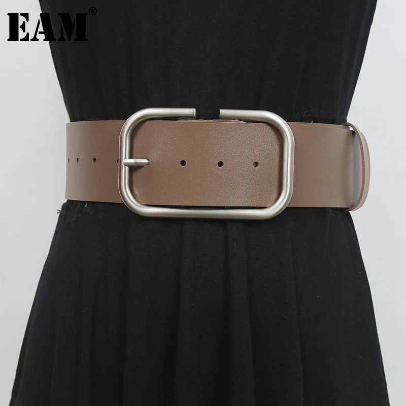 

[EAM] Pu Leather Camel Big Buckle Metal Long Wide Belt Personality Women New Fashion Tide All-match Spring Autumn 2022 1DE4101