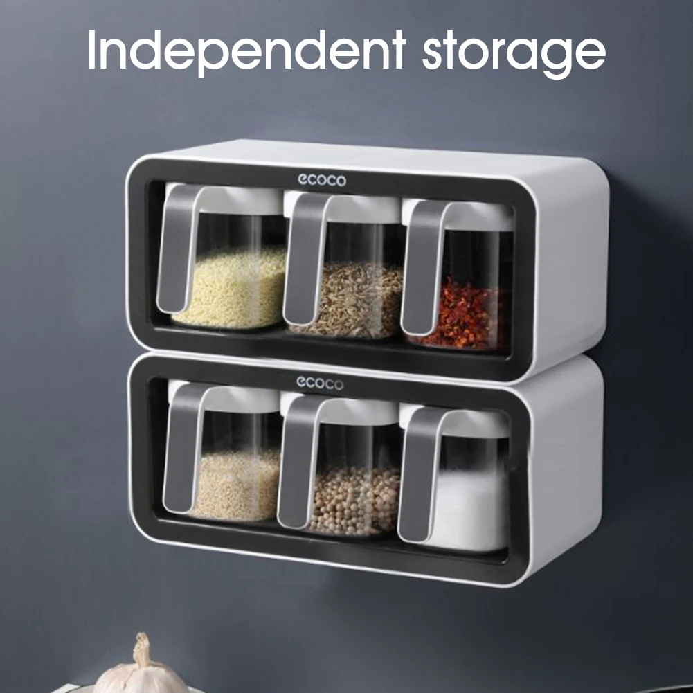 

Wall Mount Spice Rack Organizer Sugar Bowl Salt Shaker Seasoning Container Spice Boxes With Spoons Kitchen Supplies Storage Set