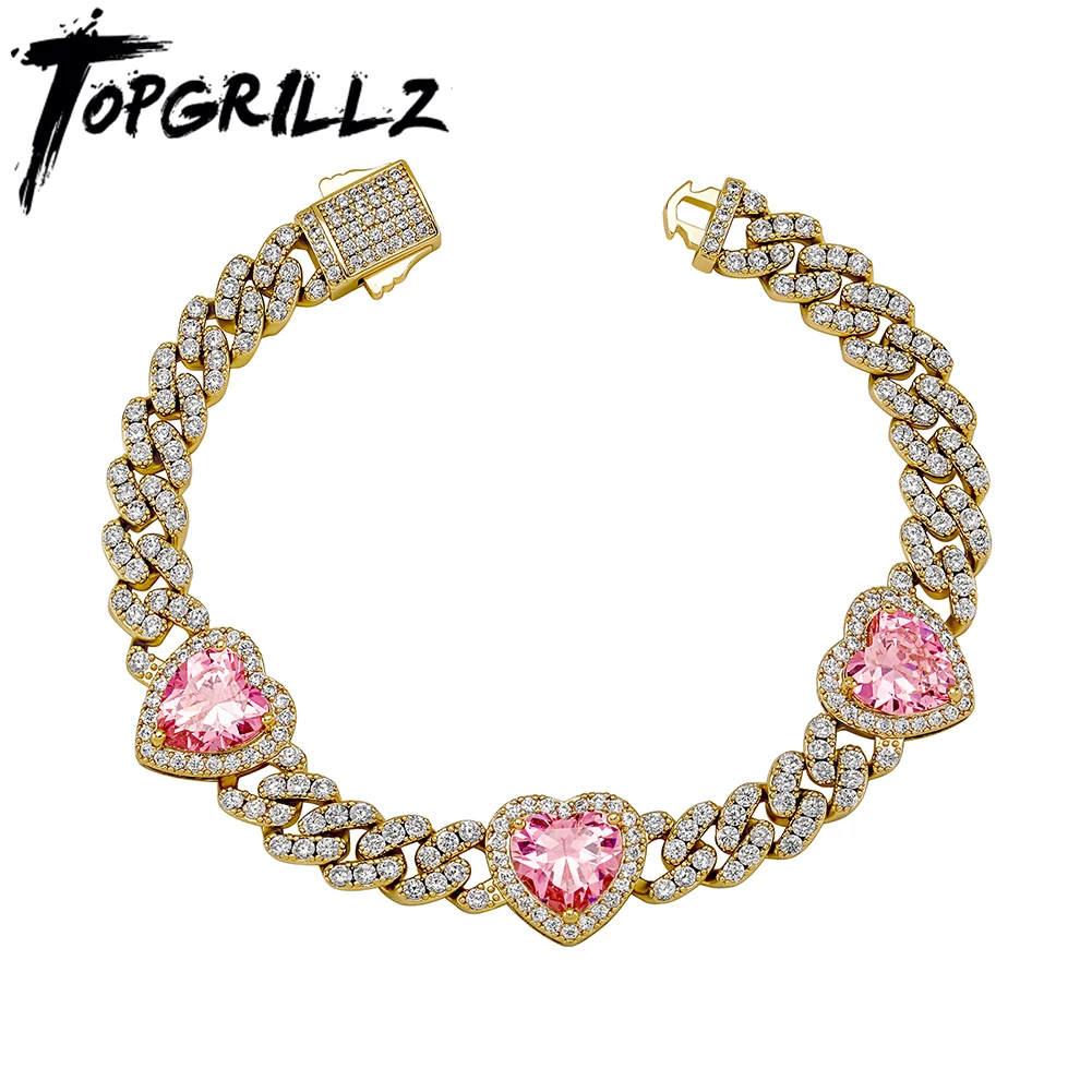 

TOPGRILLZ, новинка, 8 мм, кубинский браслет с сердечком, блестящий, полностью Iced Out, кубинская цепочка, браслет, позолоченное ювелирное изделие, по...