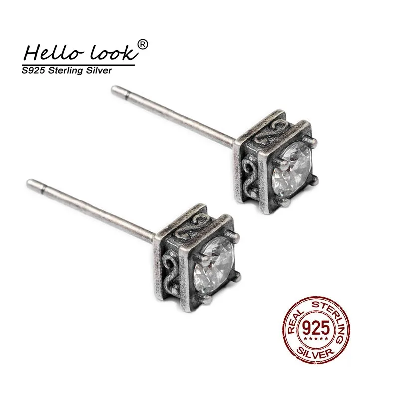 

HelloLook Vintage Square Zircon Ear Studs 100% 925 Sterling Silver Earring Unisex Earring Piercing Silver Stud Earring
