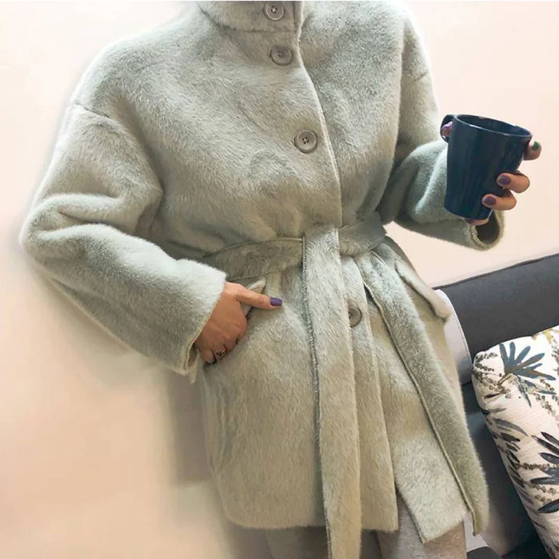 

Luck A Winter Thick Solid Women Fur Jacket Outwear Lady Faux Rabbit Fur Sashes Korean Fashion Coats Female Warm Coats Jackets