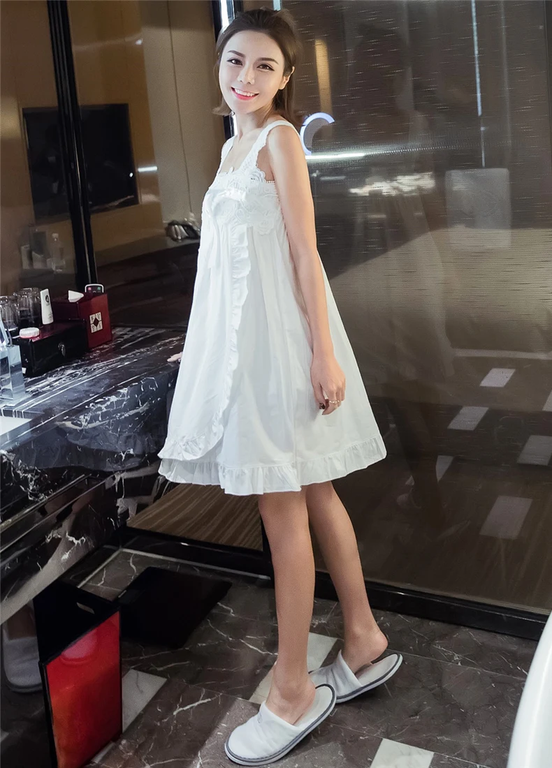 2022 Princess Cotton lace Nightgown Female Lovely Home Sleepwear Sky Blue/Write Sexy Sleeveless Sleepshirt Nightdress AB105 | Женская