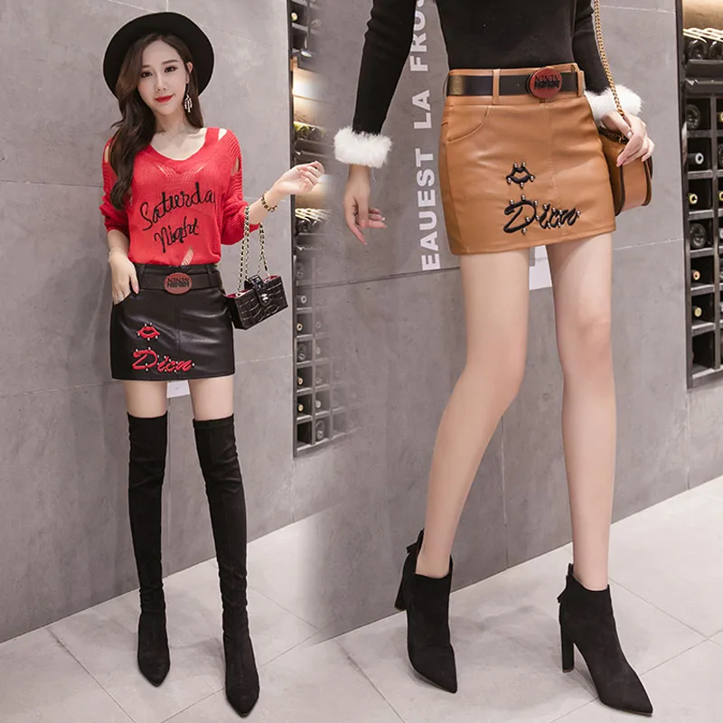 Женская облегающая мини-юбка NYFS юбка из искусственной кожи с вышивкой на