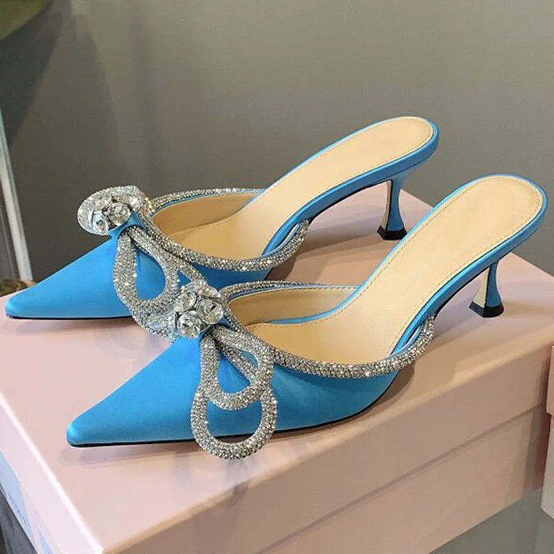 

Pointed High Heels SlippersWomen Bling Bling Silk Satin Shallow Mouth Crystal Bow-Knot Sandals Summer Sexy Party Dress Shoes New
