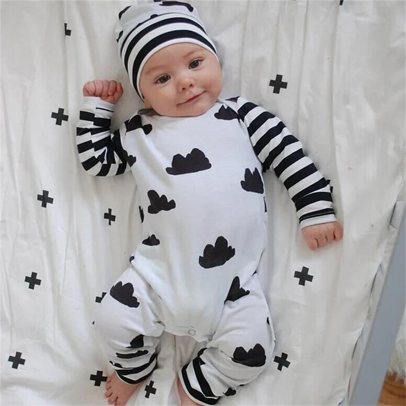 

New Spring Newborn Baby Boy Girls Romper Cloud Striped Printed One-Piece Pure Cotton Toddler Jumpsuit With Cap Baby Clothing