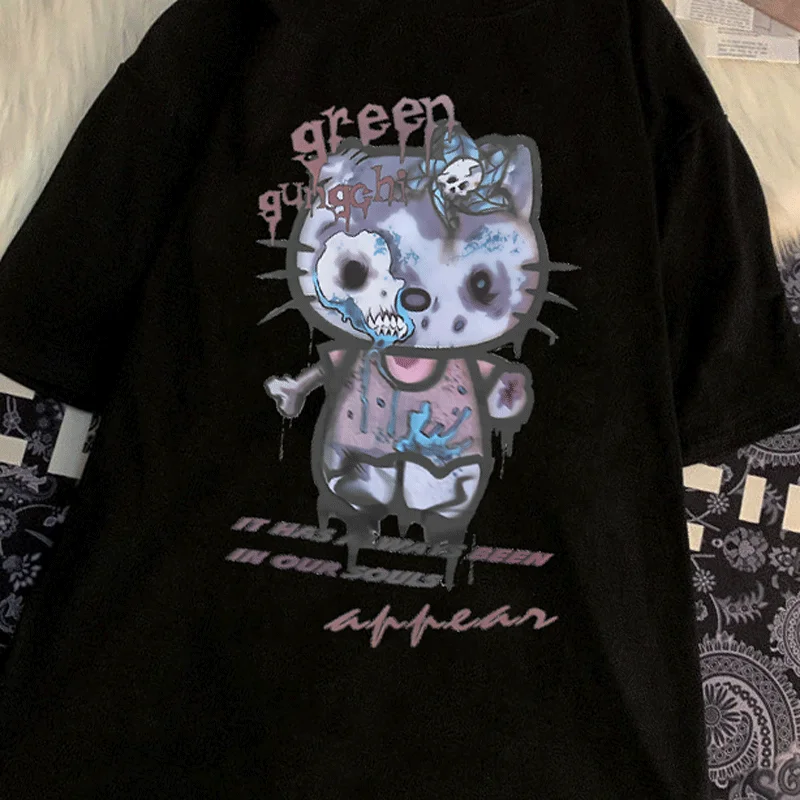 

2022 New Summer Fashion Y2k Female T Shirt Kawaii Cat Graphic Print T-shirt Women Harajuku Aesthetic Black Tops Casual Tshirt