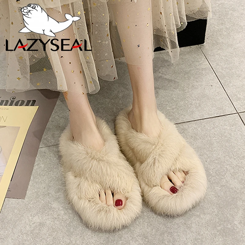 LazySeal/тапочки с натуральным кроличьим мехом женская обувь модные женские Вьетнамки, Повседневная плюшевая обувь на плоской подошве женские меховые домашние шлепанцы