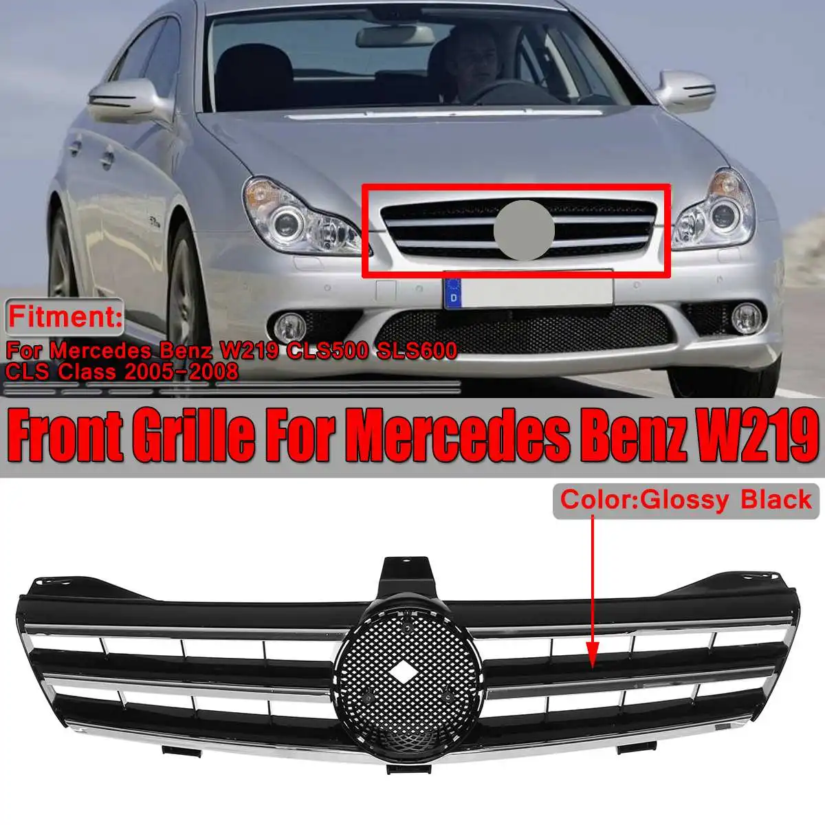 Front Grill W219 3 Fins Car Upper Bumper Grille For Mercedes Benz CLS500 SLS600 CLS Class 2005-2008 | Автомобили и мотоциклы