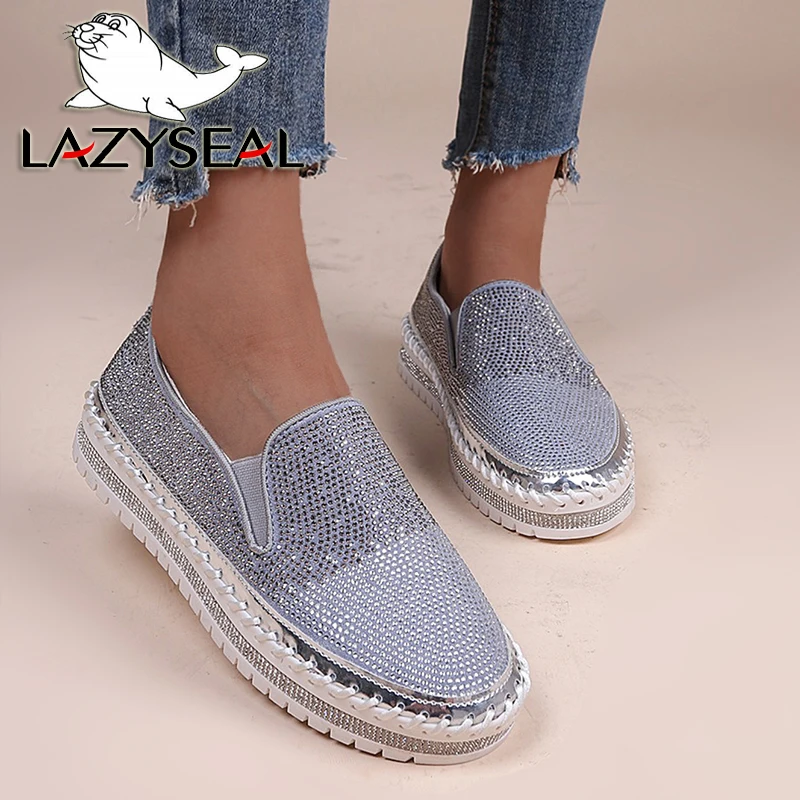 LazySeal-zapatos planos con diamantes de imitación para mujer, calzado informal con plataforma, suela gruesa de cuero, punta redonda, sin cordones