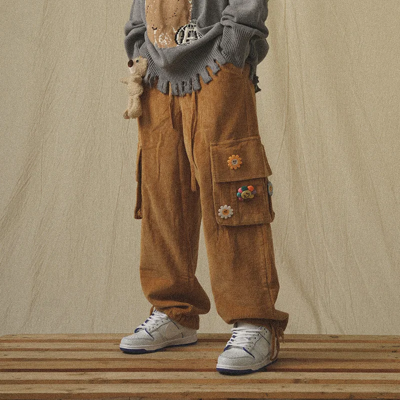 

Брюки мужские вельветовые, с карманами, винтажные, коричневые, большого размера, широкие, в Корейском стиле, хип-хоп, Японская уличная одежда
